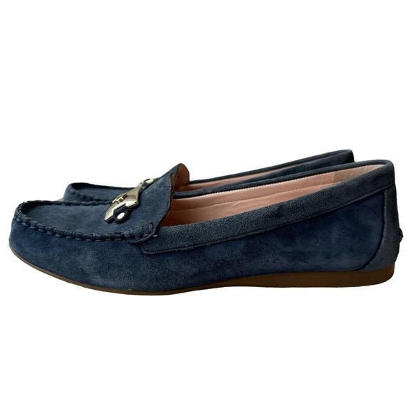 Kate Spade Carmen Navy Blue Suede Silver Emblem Driving Loafer Leather Upper - Picture 2 of 11